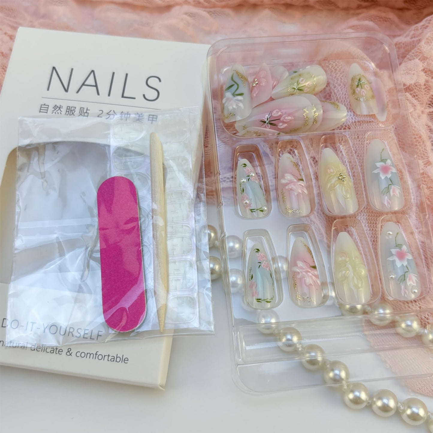 Mkwntg 24Pcs Gradient Press on Nails Medium Almond Fake Nails 3D Light Flower Blush Pearl Shimmer False Nails Pink Blue White Glue on Nails Reusable Acrylic Spring Floral Stick on Nail for Women