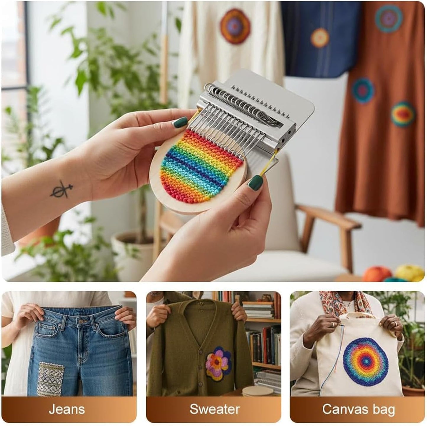 Knit Patch Loom Kit Patchmaker 2.0，Portable Mini Darning Loom Weave Tool Knit Patch Loom Kit Patchwork Weaving Tool Set for Quickly Sewing Repair on Socks Clothes Jeans (014)