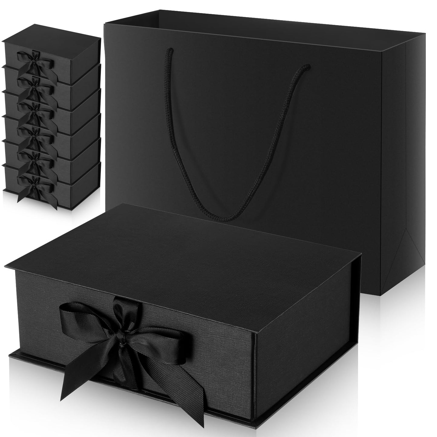 Jetec 10 Set 9.8 x 7 x 3.3 Inch Luxury Gift Boxes with Lids and Ribbon Paper Bags,collapsible Present Box for Birthday Wedding Proposal Valentines Day(Black)