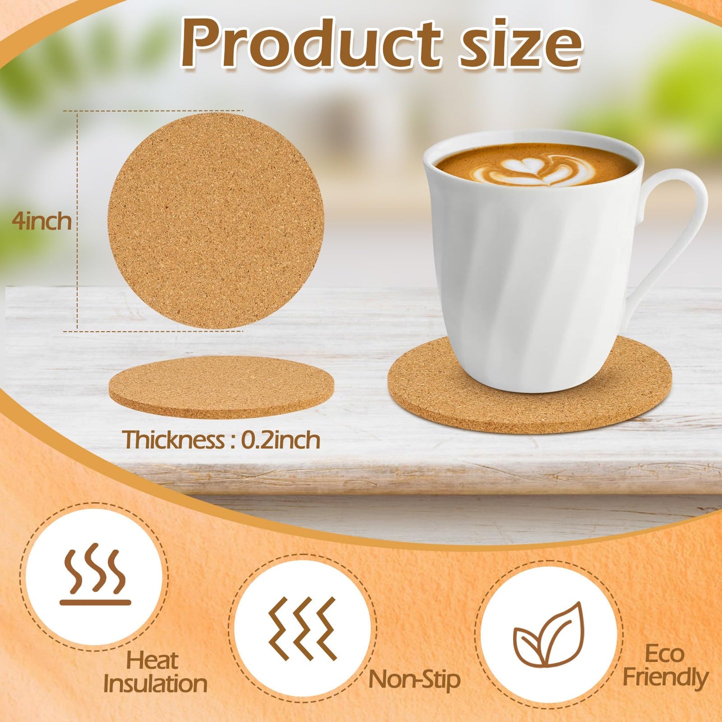 Jurtmy 120 Pcs Cork Coasters for Drinks, Absorbent Heat Resistant Round Coffee Coasters for Wine Glass, Mug, Coffee Cup Anti-Slip Drink Coasters for Home Office Bar