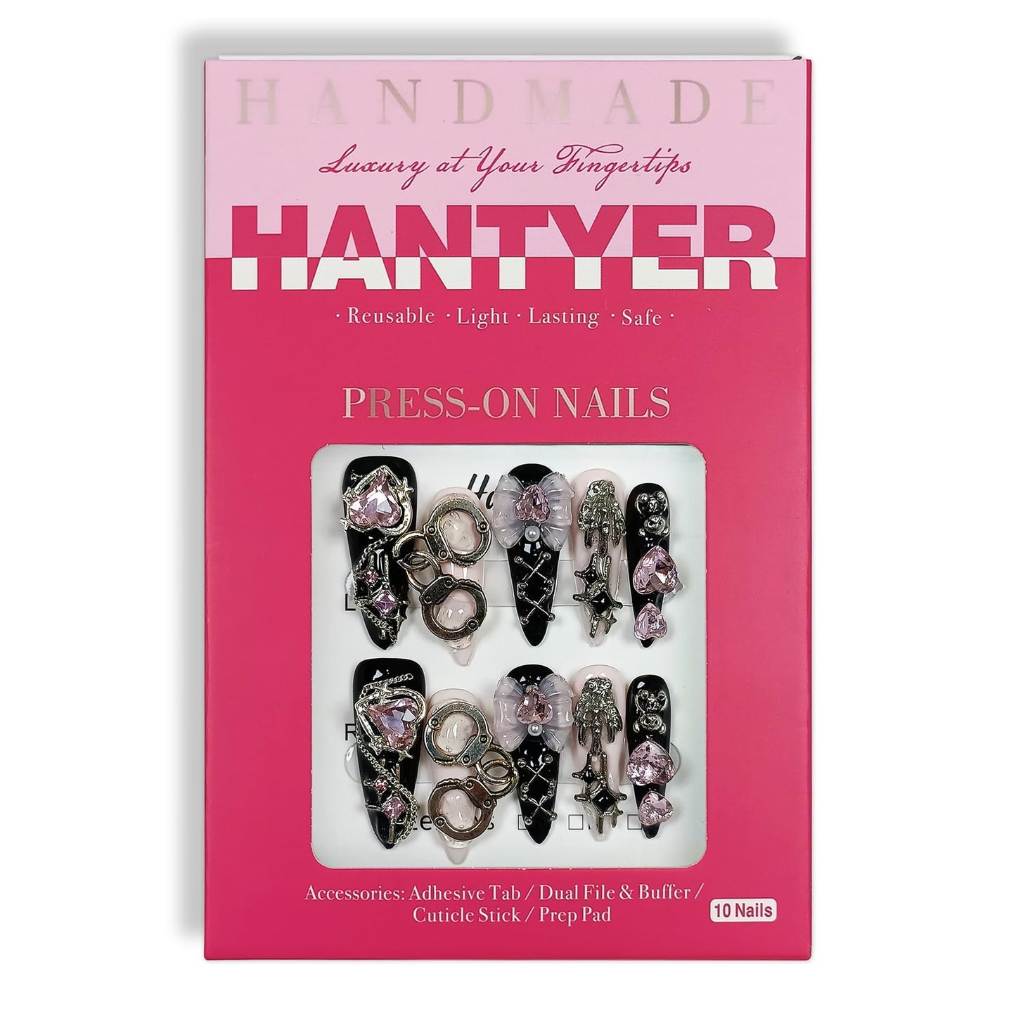 Hantyer Gothic Y2K Press on Nails, Long Stiletto Glossy Nails in Black & White, Handmade Nails with 3D Charms (Bow/Handcuff/Skull) & Heart Rhinestones, Edgy Party Style for Women(Size M)