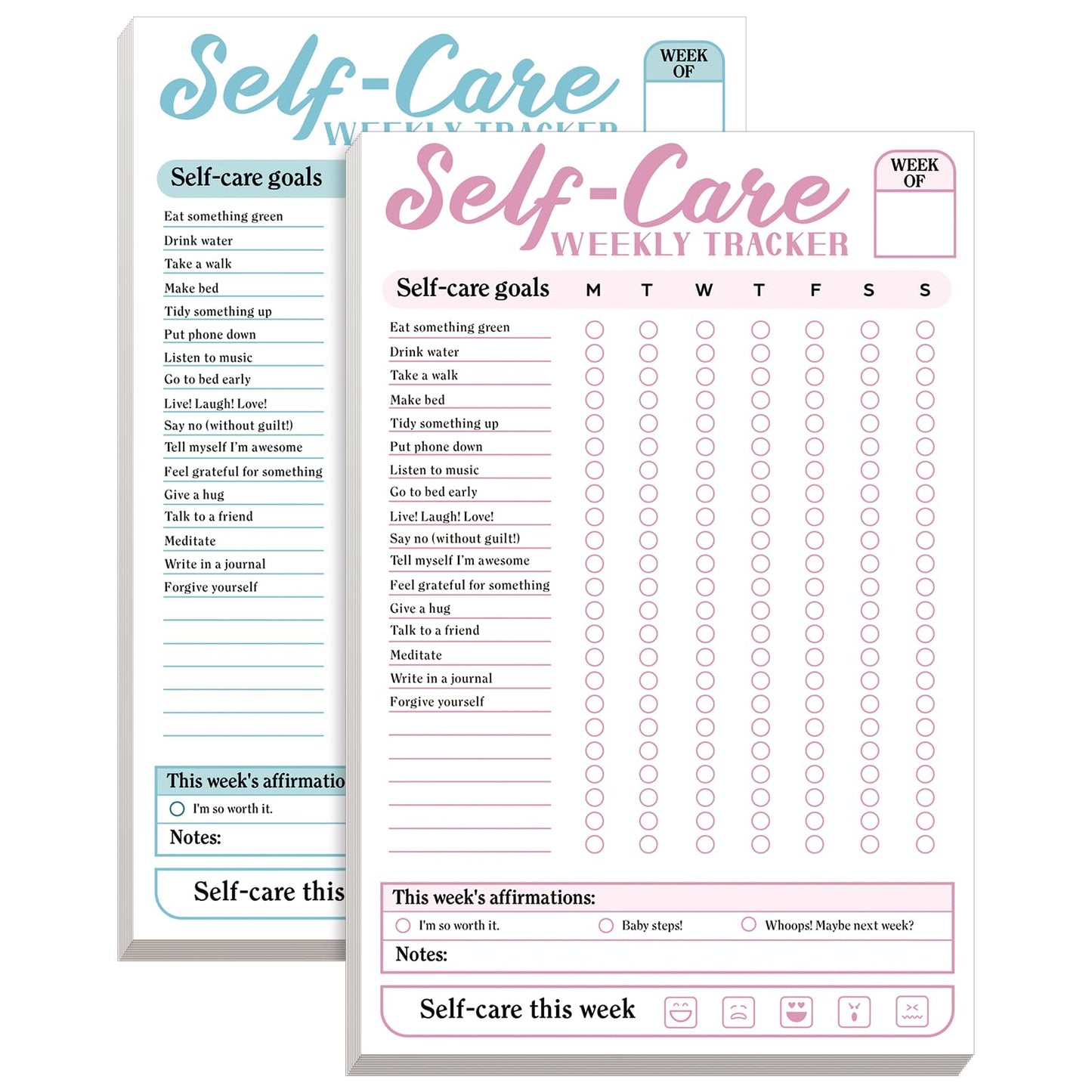 Qilery 2 Pack Self Care Weekly Tracker Pad Self Care Checklist Note Pad 6 x 9 Inches Pastel Blue Pink Tracker Mental Health Wellness Planner
