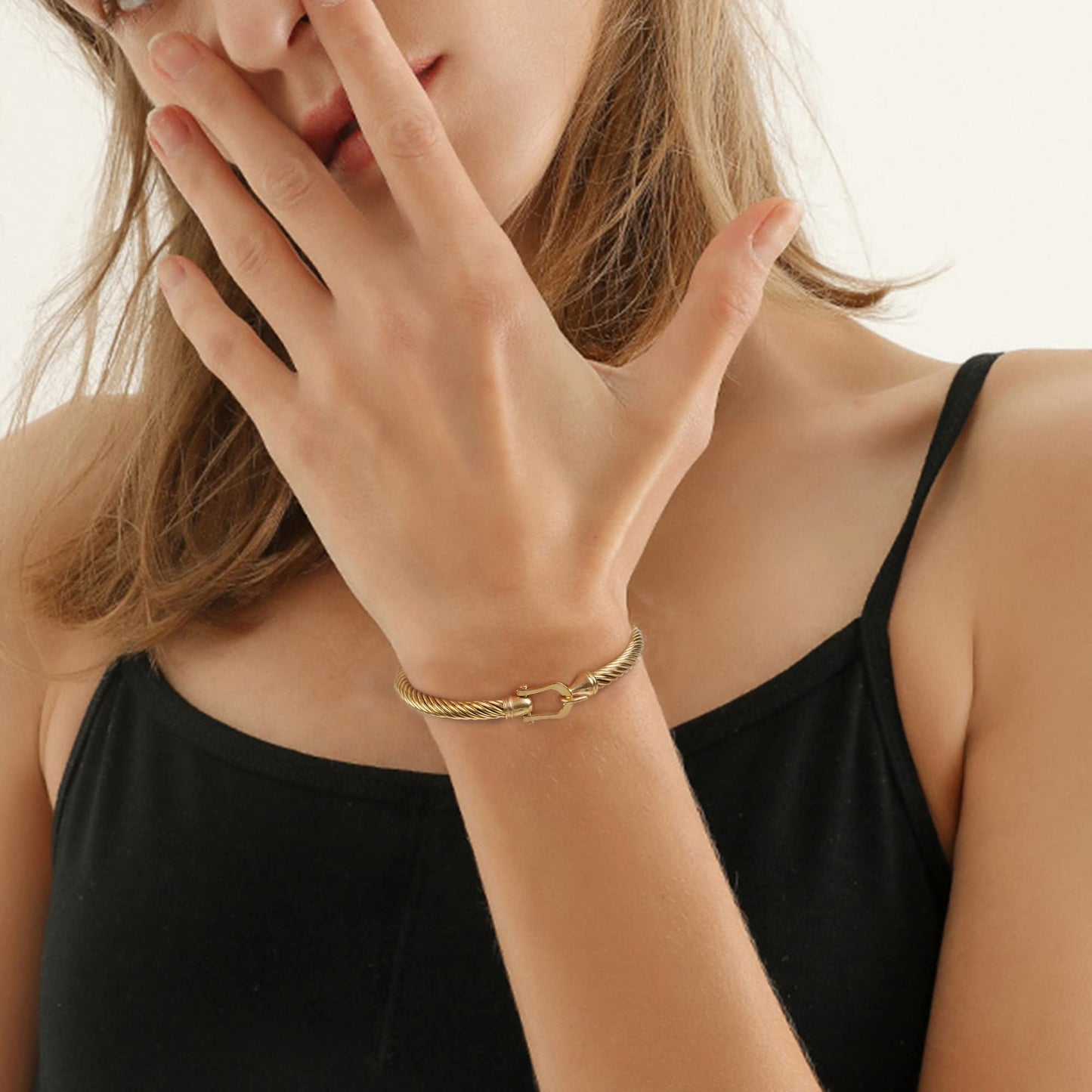 HX SHARE Twisted Cable Bracelet Stylish Fine Stainless Steel Cable Cuff Bracelet with Hook Clasp Bracelets Jewelry for Women