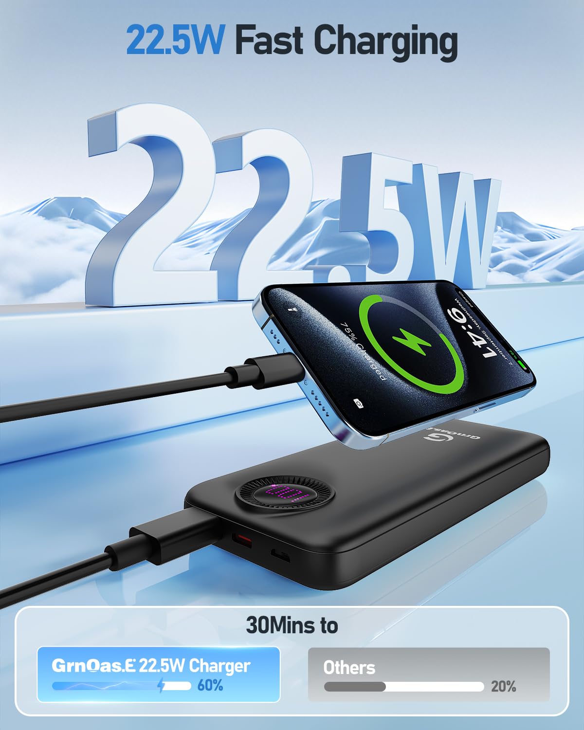 GrnOas.E Power Bank,10000mAh 22.5W Max Portable Charger Built in Cables，4 Outputs 2 Inputs External Phone Powerbank,5V/3A Fast Charging Travel Charger for iPhone Android iPad,(Pearl Black)