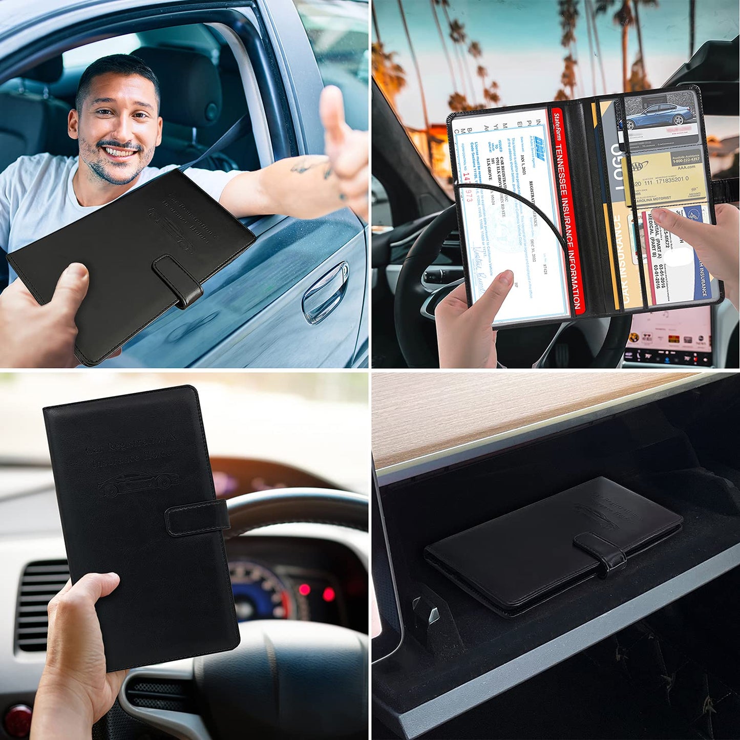 RSAquar Car Registration and Insurance Holder, Leather Car Glove Box Organizer, Cool Car Accessories for ID, Driver's License Cards & Essential Document, Men&Women, Black