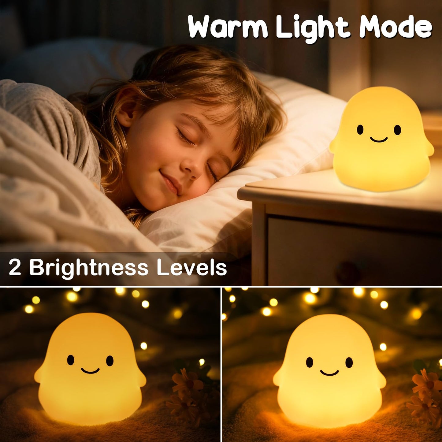PSDRIQQ Cute Ghost Night Light Squishy Silicone Nursery Nightlight Dimmable Rechargeable Bedside Lamp with Timer & Tap Control, Christmas Gift Halloween Decor