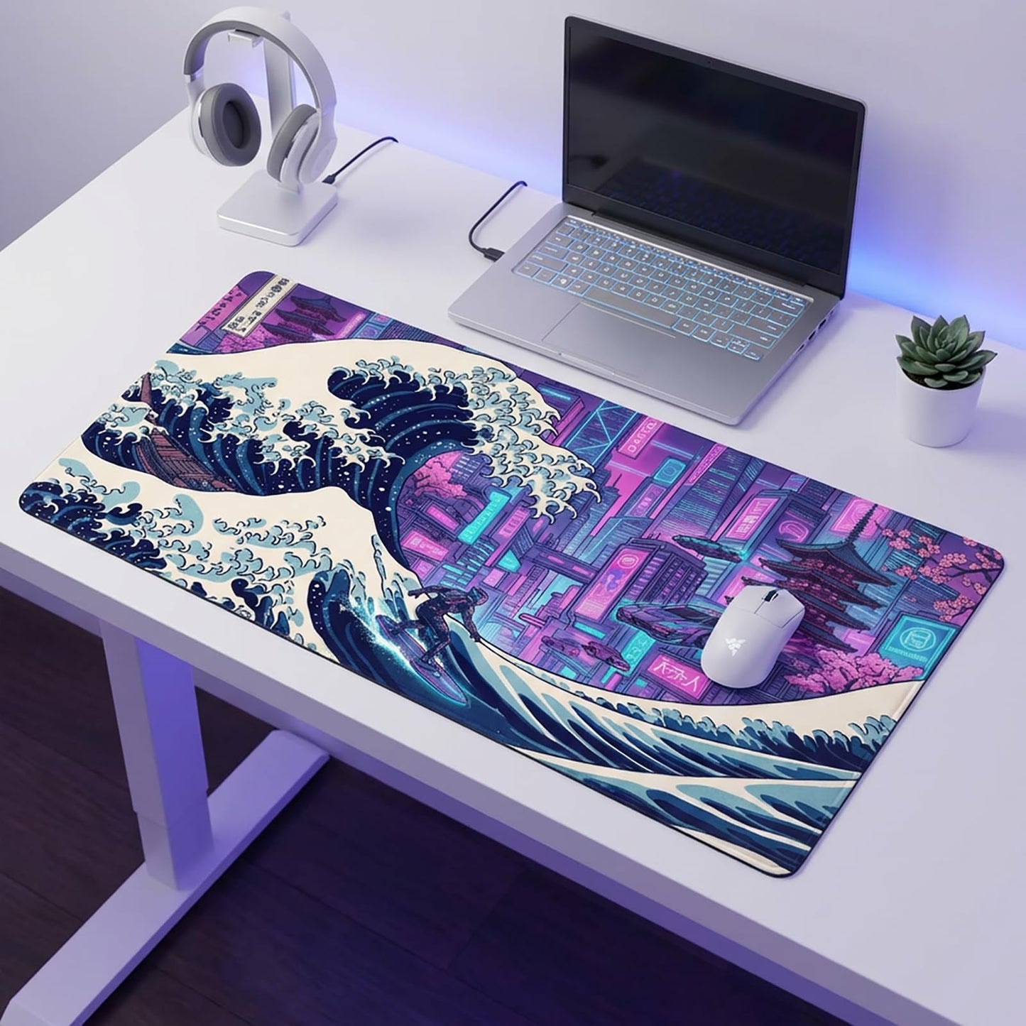 AQQA Cyberpunk Great Wave Gaming Mouse Pad - Japanese Aesthetic Large Desk Mat - XXL Extended Mousepad for Gamers, Neon Retro Wave City Art, Water-Resistant Non-Slip Rubber Base, 31.5"x15.7"