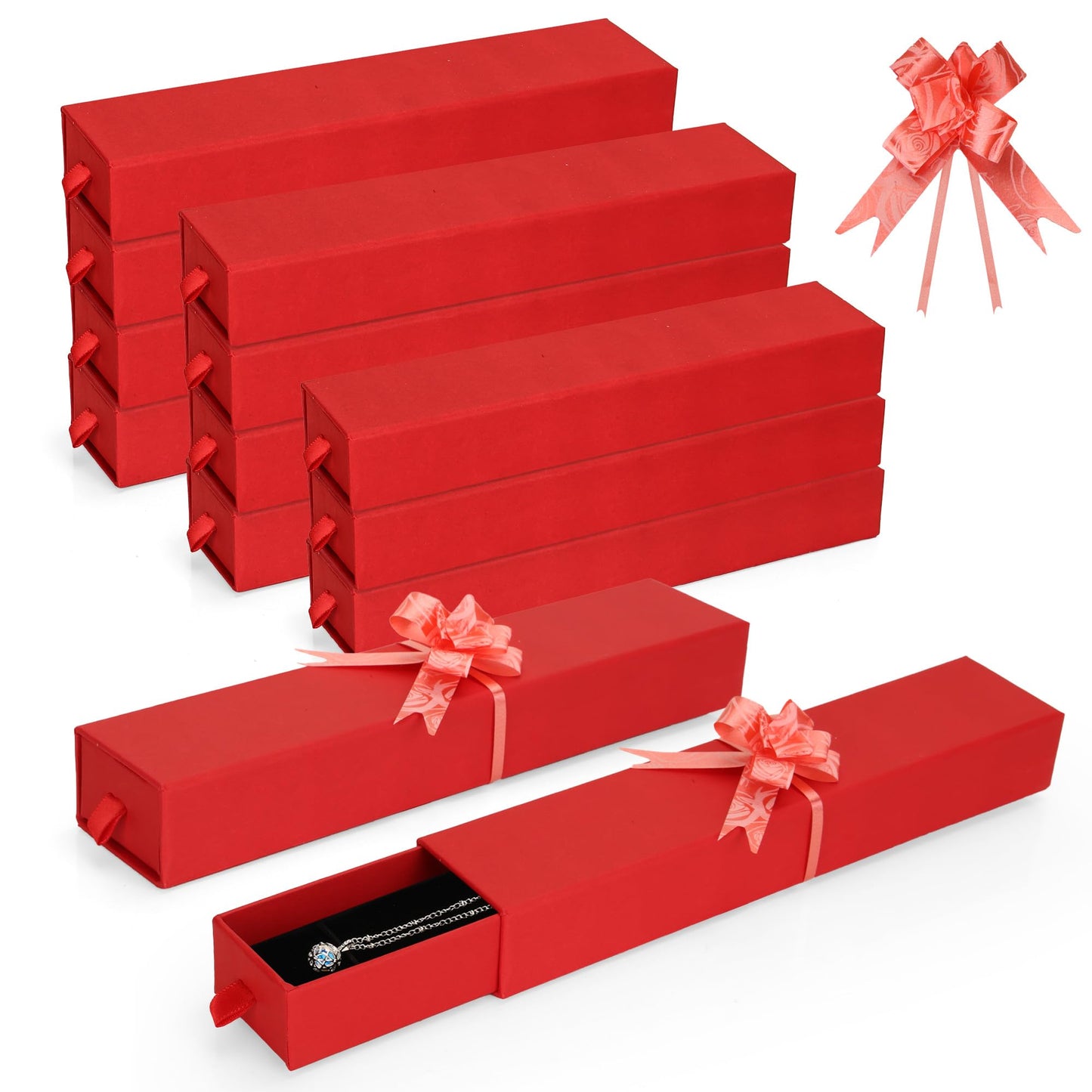 MATUFF 12-Pack Drawer Style Jewelry Gift Boxes with Sponge Insert, 8.7"x1.8"x1.2" Necklace & Bracelet Display Box for Presentation, Cardboard Storage Organizer for Pendant, Ring, Earring - Red
