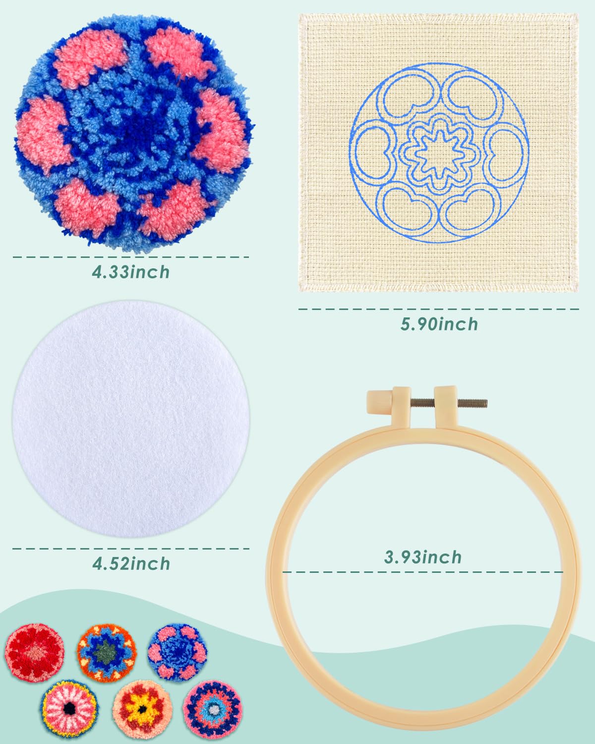ERKOON Punch Needle Coasters Kit Adults Beginners, 6 Pcs DIY Easy Coaster Embroidery Set for Starter Art Craft, Needling Punching Project with Patterns, Tools, Yarns, Hoop, Instruction