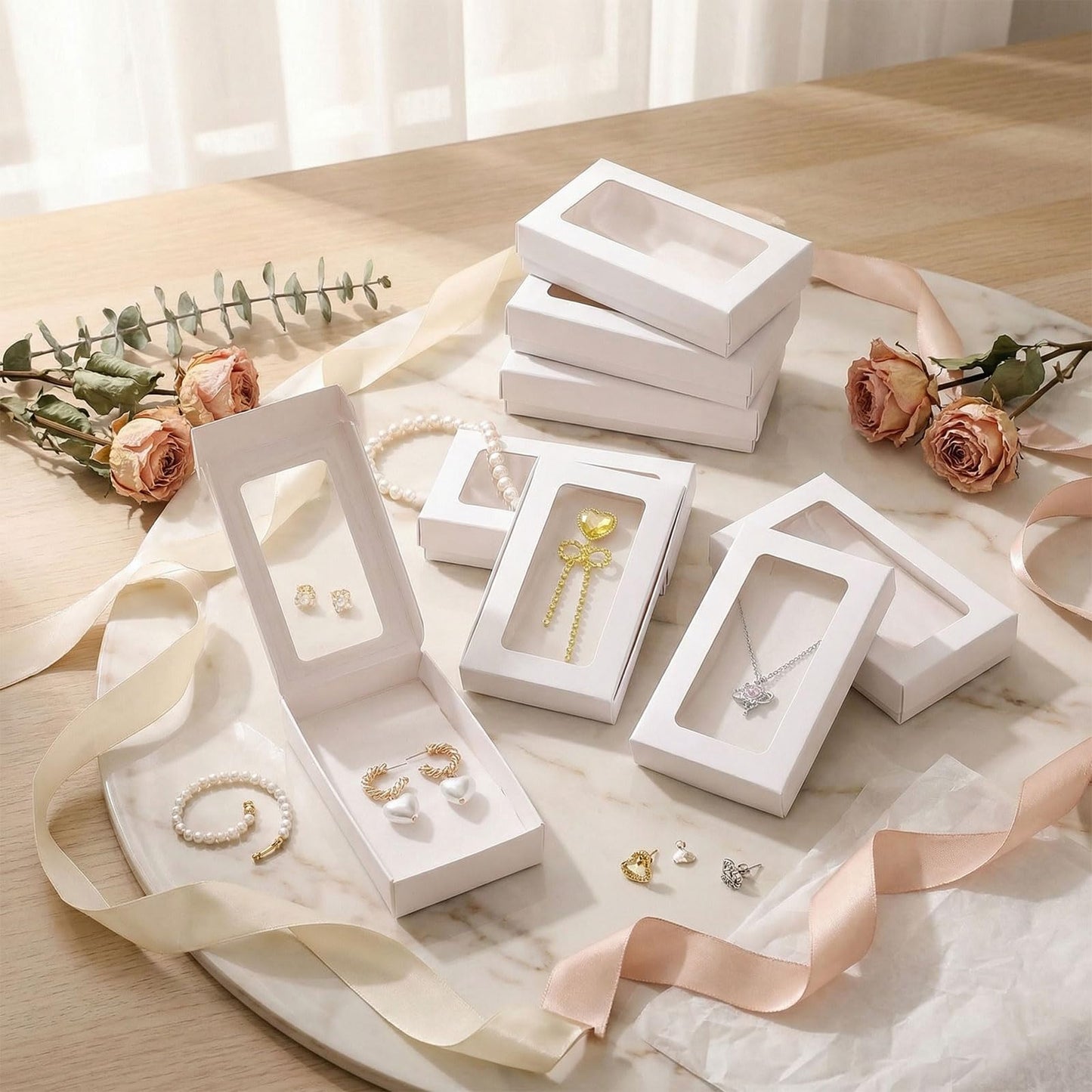 30 Pcs Jewelry Gift Boxes 3.15"X5.35"X0.7" Paper Necklace Box Bulk Jewelry Box with Clear Window 30 Display Card 36 Sticker Small Gift Boxes for Displaying Necklaces Christmas Birthday Wedding