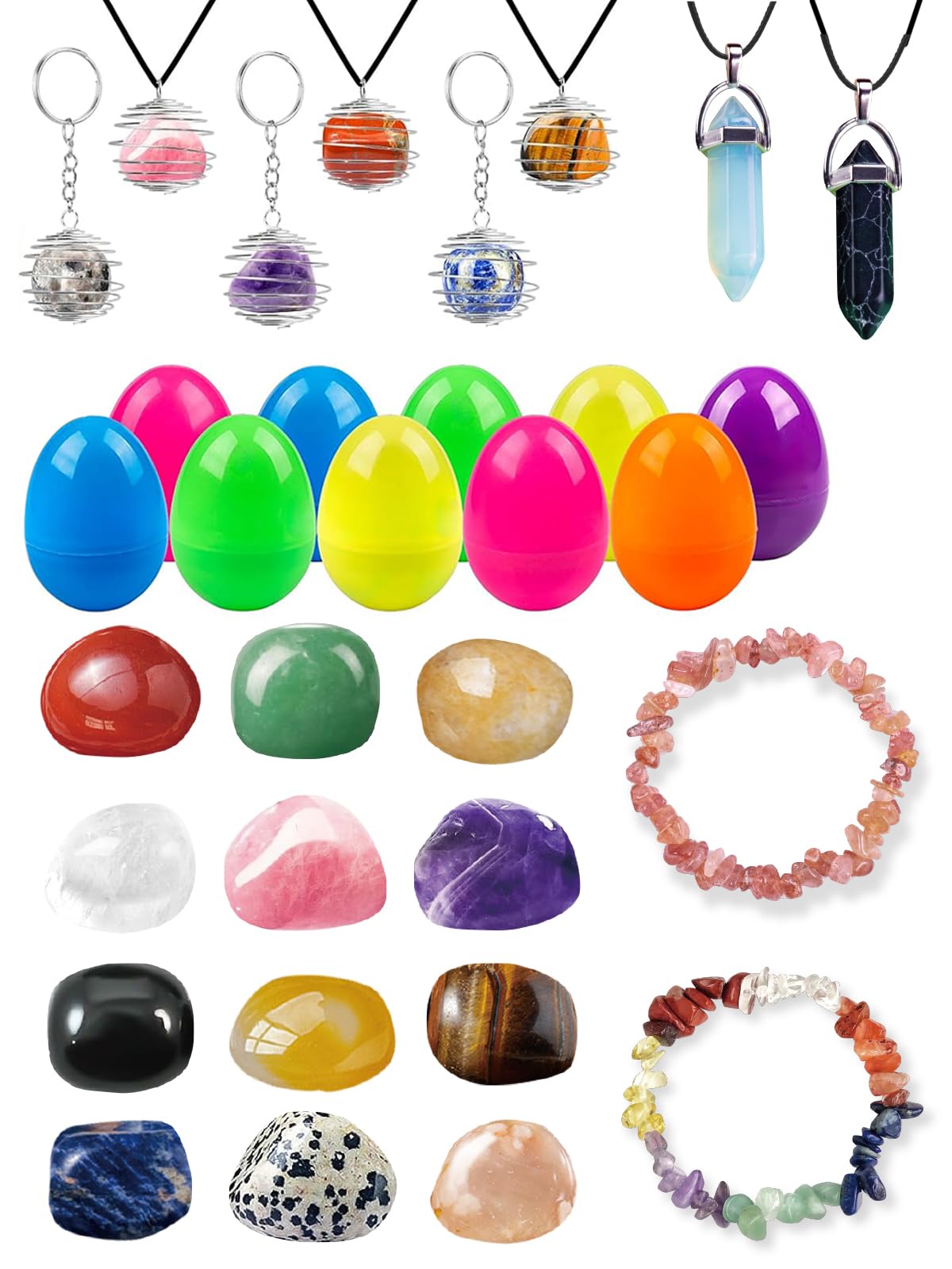 Memezy 16Pcs Prefilled Easter Eggs with Natural Gemstone Crystals,Necklace Bracelet Rope - Ideal for Easter Egg Hunt, Party Favors, Teacher Classroom Rewards