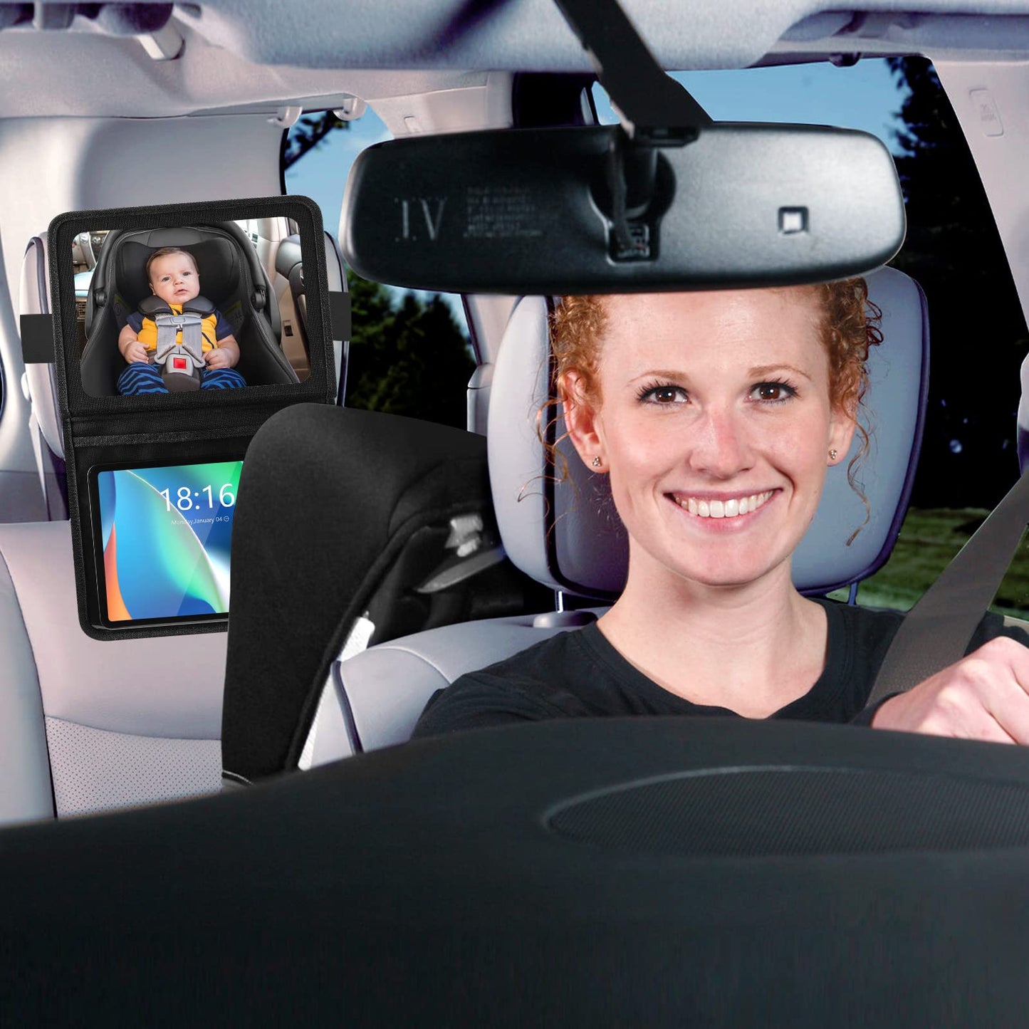 Brislut Baby Car Mirror with Adjustable Tablet Holder, Road Trip Essentials for Kids, Backseat Mirror to See Rear Facing Infant, Ipad Case for Car Headrest