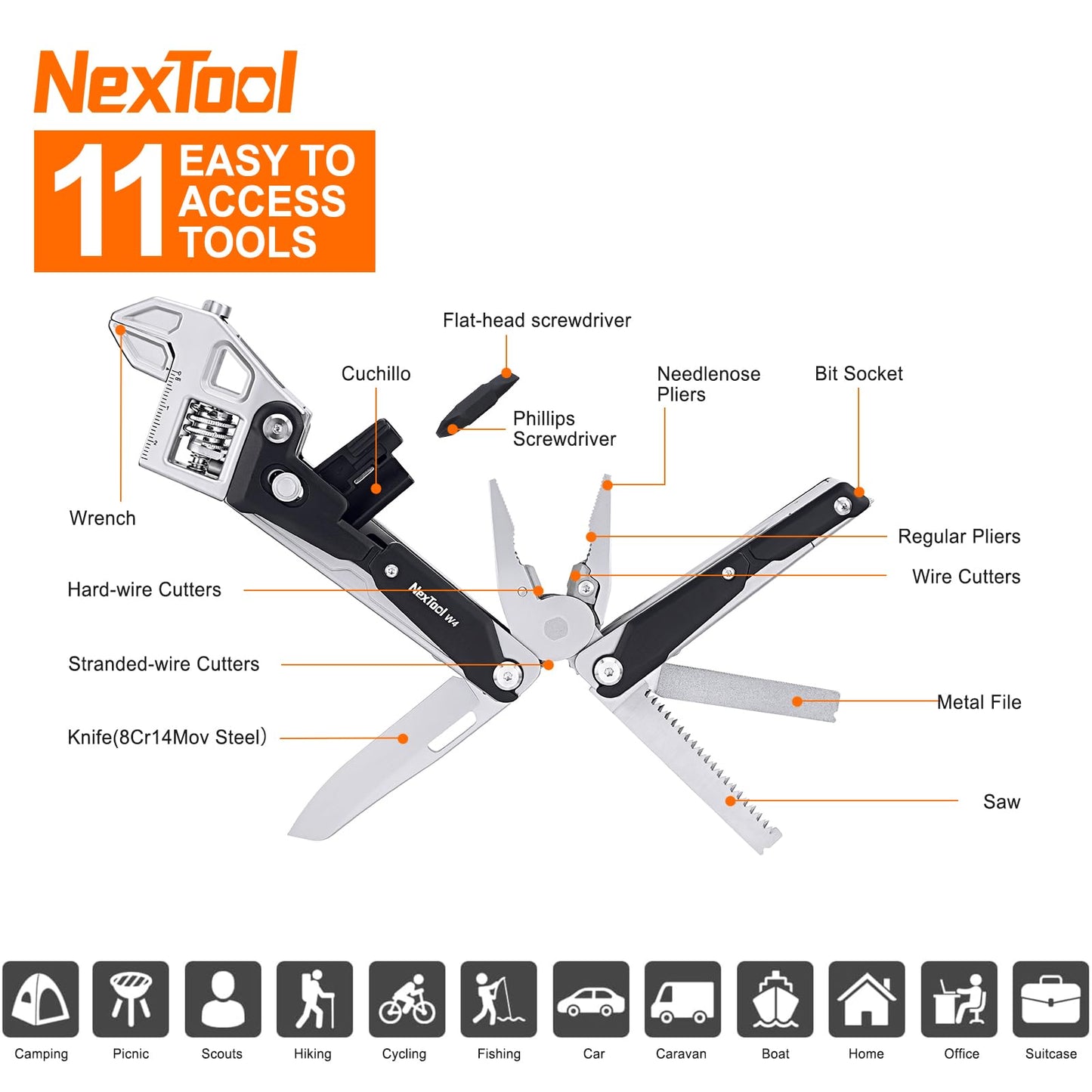NexTool W4 Adjustable Ratchet Wrench Multitool, 11-IN-1 Foldable EDC Tool with Pliers, Knife, Saw and Screwdriver, Multi Tool for Camping, DIY, and Gifts for Him