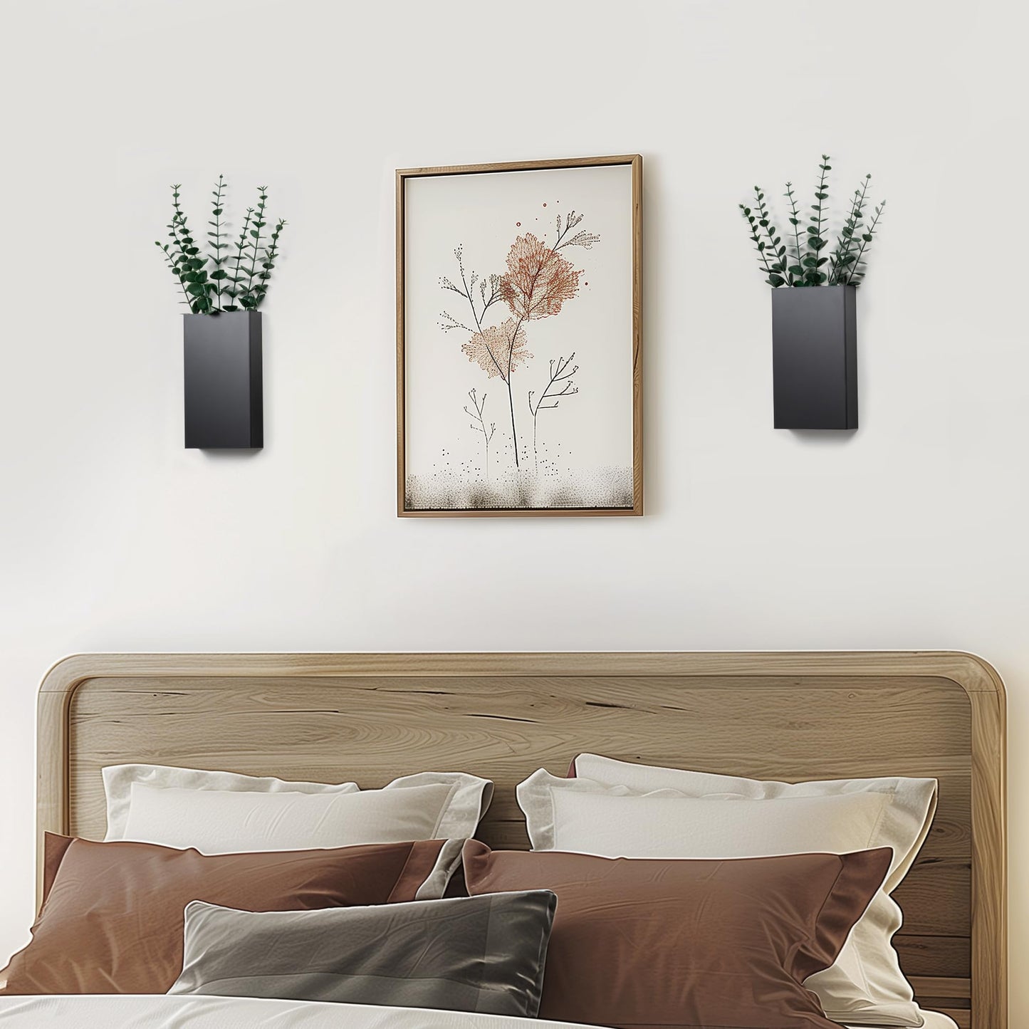 2 Pack Metal Wall Planter Vases Decor with Artificial Eucalyptus, Modern Farmhouse Rustic Hanging Pocket Planters for Indoor Greenery and Flowers, Living Room Bedroom Kitchen and Stairway Decoration