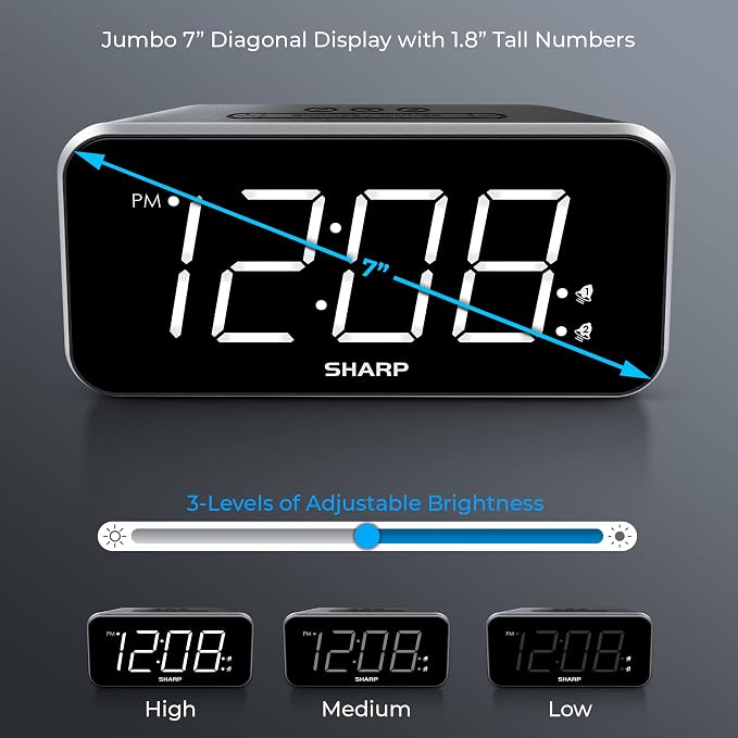 Sharp Digital Alarm Clock, 1.8" Jumbo White LED Display, Dual Alarm, Black