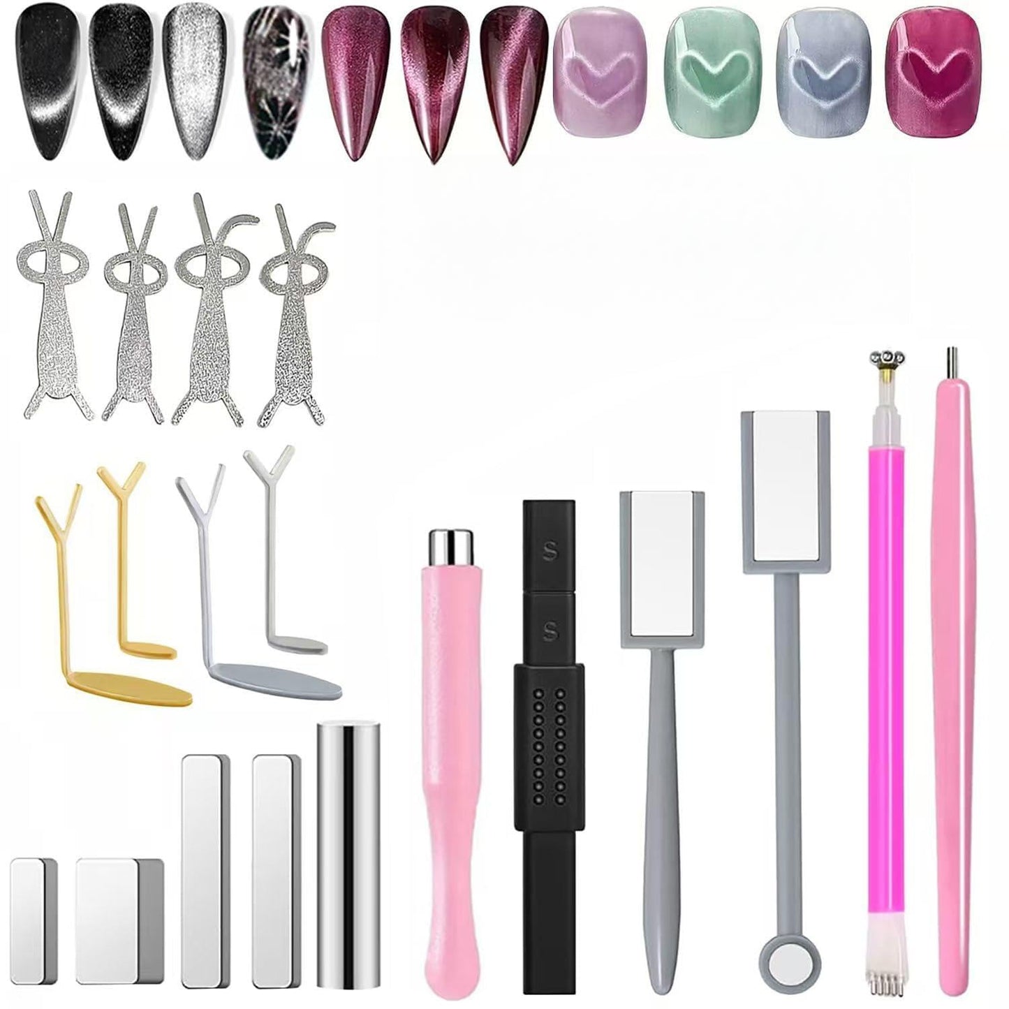 19PCS Cat Eye Nail Magnet Tool Set - Double-Head Magnet Sticks, Heart Shaped Magnets for Cat Eye Gel Nail Polish, Professional Nail Art DIY Accessories for Home Manicure