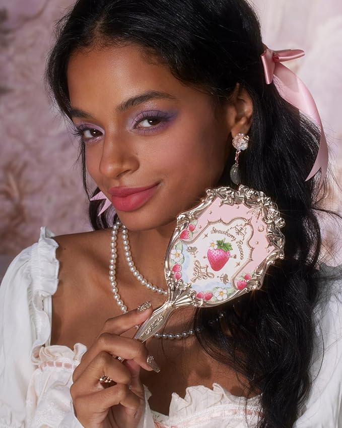 Flower Knows Strawberry Rococo Hand Mirror,Vintage Portable Handheld Mirror,Fancy & Pretty Princess Mirror with Long Handle,Gift for Girls(Soft Pink)