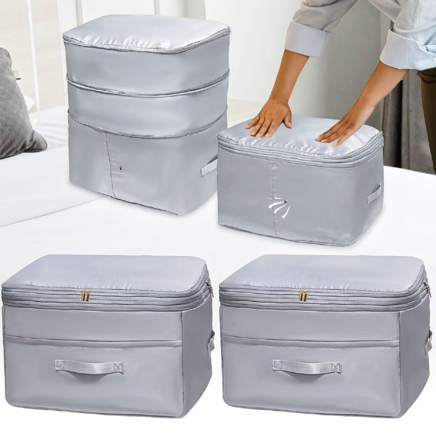 SUNOHE Ultra Space Saving Self Compression Organizers, 2 Pack Double Zipper Compression Packing Cubes for Bedding, Comforter Storage Bag for Blankets Duvet Quilts Pillows Queen King (Gray, X-Large)