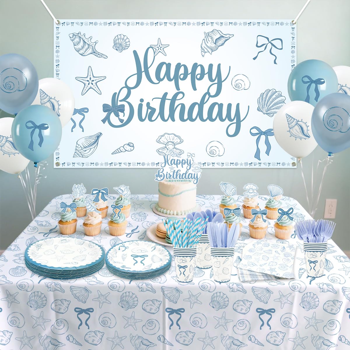 Seashell Birthday Party Decorations-20 Guests-Coastal Birthday Decorations Includes Plates Cups Napkins Tablecloth Backdrop Balloons Cake Topper Tableware for The Summer I Turned Pretty Party Decor