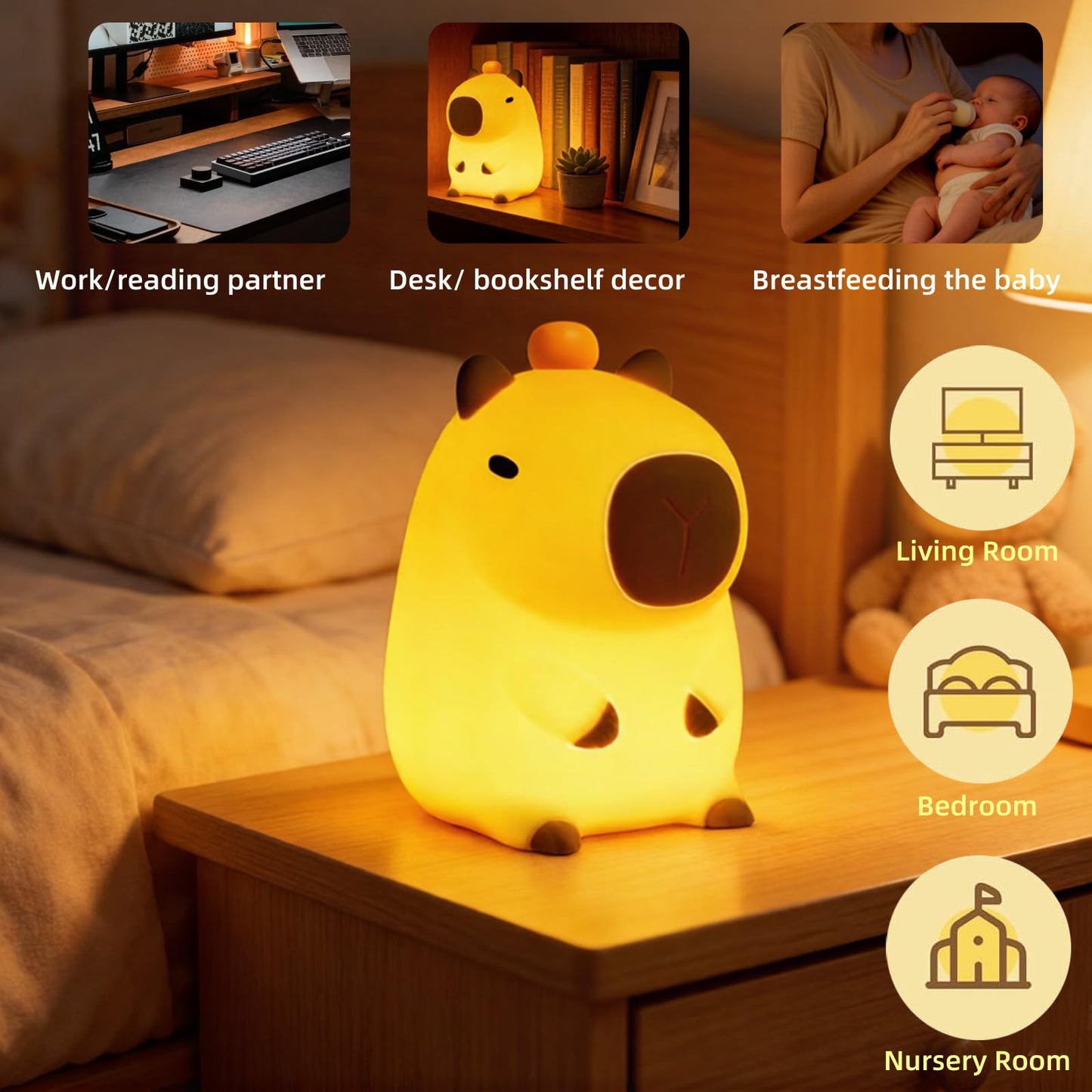 Night Light,Cute Tangerine LED Squishy Novelty Animal Night Lamp,Dimmable Soft Silicone Nursery Nightlight for Kids, Rechargeable Bedroom Touch Lamp, Dorm Decor, Gift(Capybara)