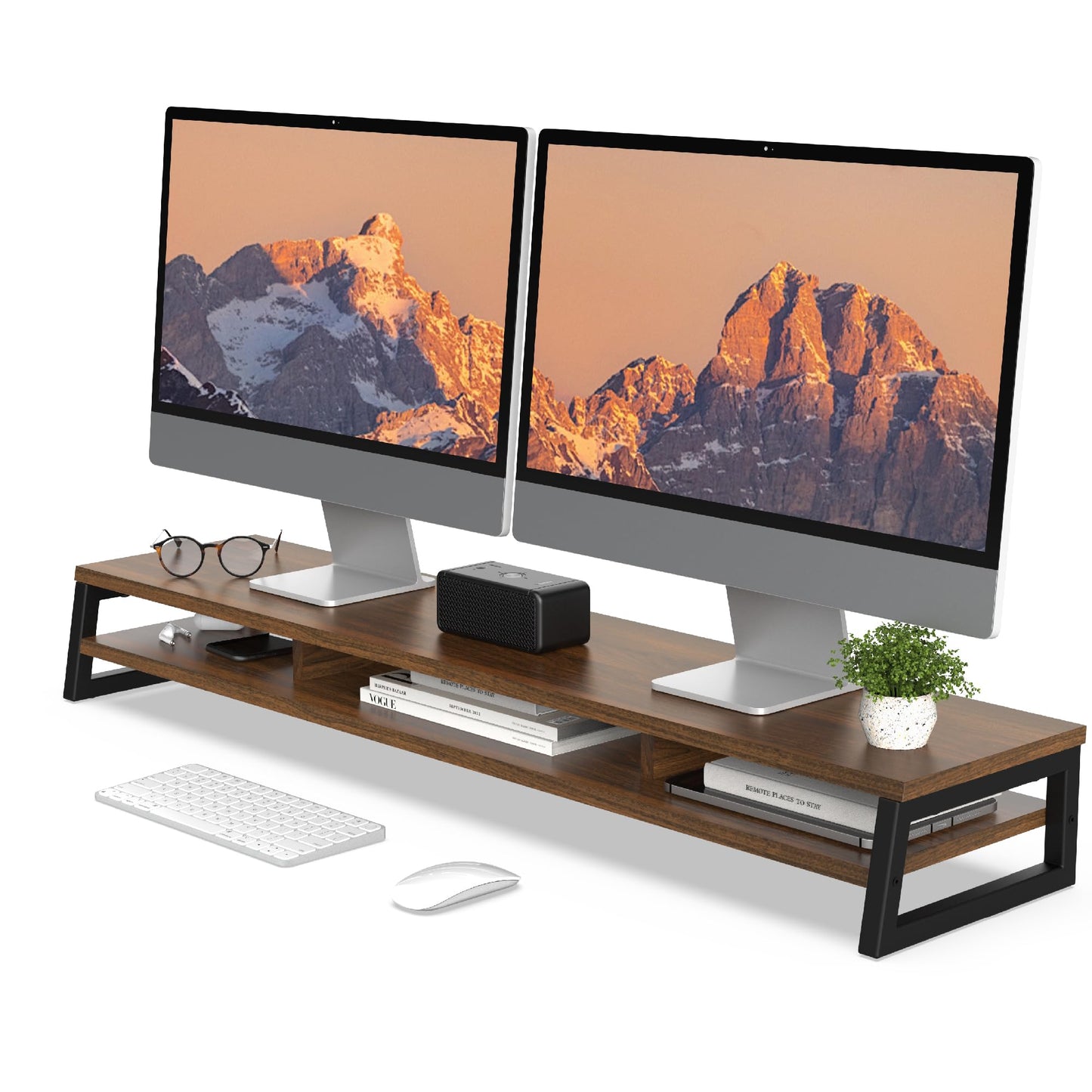 Fenge Dual Monitor Stand for Desk, 42.5in Large Monitor Riser for 2 Monitors, 2 Tier Computer Office Desk Top Shelf, Desktop Storage Stand for Laptop, PC, Computer, Printer