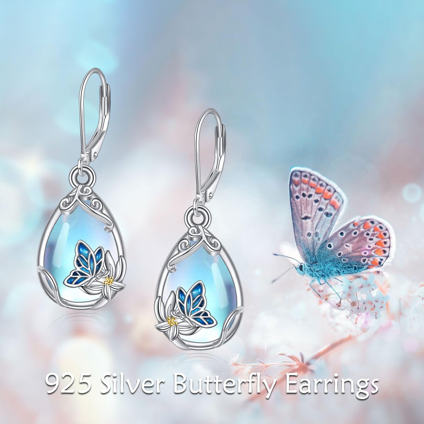 YFN Butterfly Moonstone Earrings Filigree Drop Dangle Earrings 925 Sterling Silver Flower Leverback Teardrop Earrings for Women