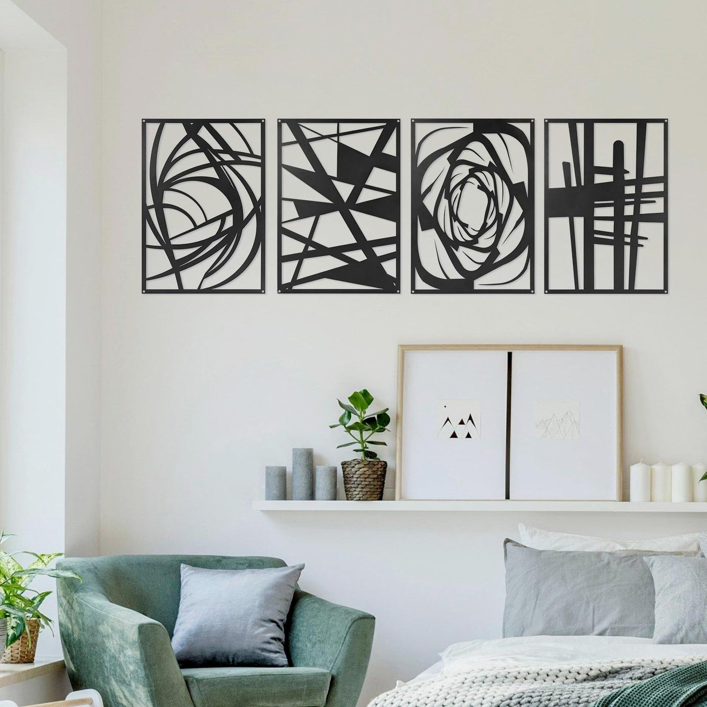 4 Pieces Black Abstract Metal Wall Art, Modern Minimalist Matte Wall Decor, 3D Textured Wall Sculptures, Black and White Wall Art for Living Room Bedroom Bathroom Study Office (15.7 x 10.6inch) (Abstract)