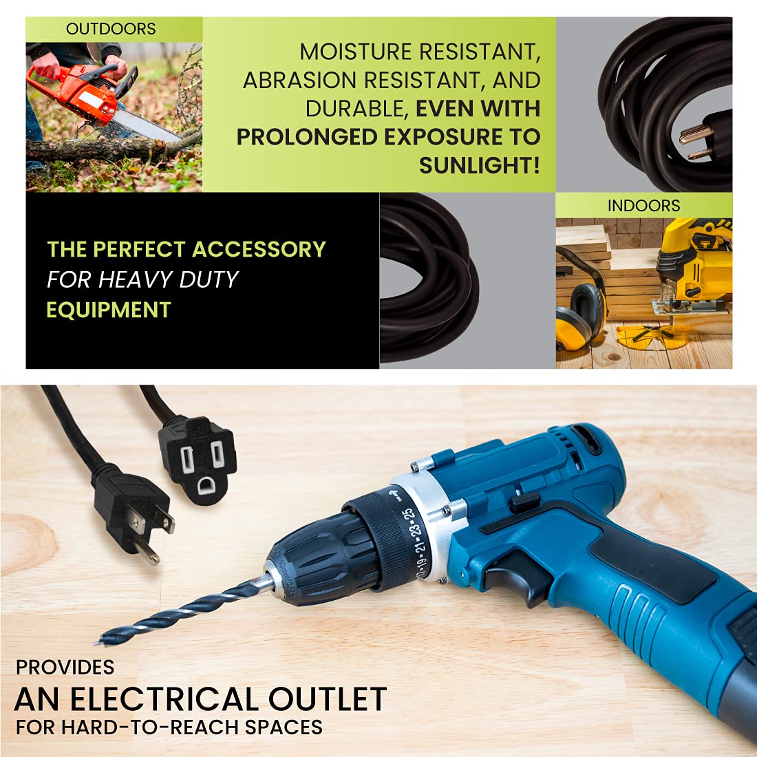 Power By GoGreen Go Green Power Inc. 16/3 50ft Black Outdoor Extension Cord - Durable, Heavy Duty, Moisture Resistant - Ideal for Tools & Equipment - GG-13750BK