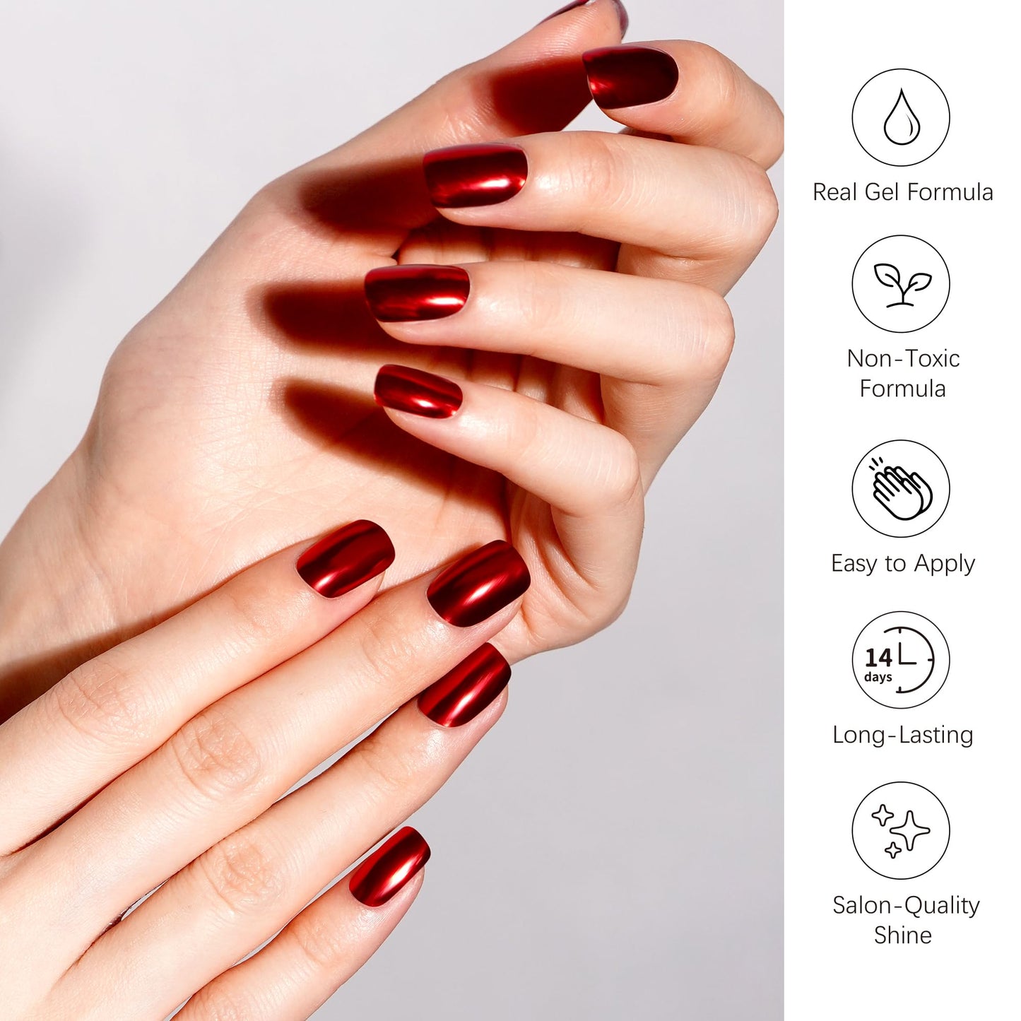 DANNI & TONI Semi Cured Gel Nail Strips Red Chrome Metallic Mirror Gel Nail Stickers 28 Stickers Gift for Woman |Ruby Chrome