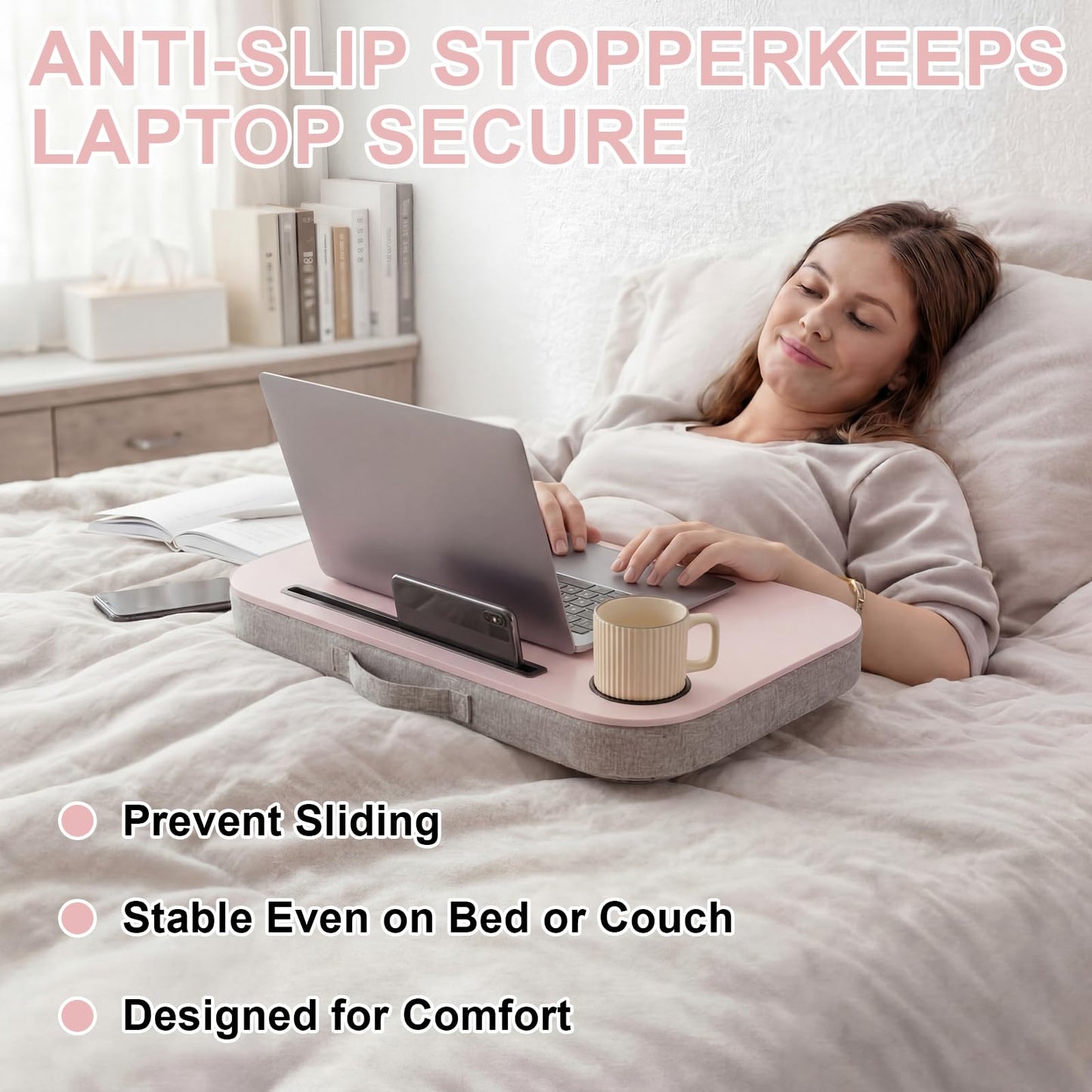 Lewtemi Pink Laptop Lap Desk with Cup Holder and Stopper Padded Phone Holder Couch Bed Sofa Fits up to 15.6 Inch Cushion Portable Lap Desk for Home Office Study Writing