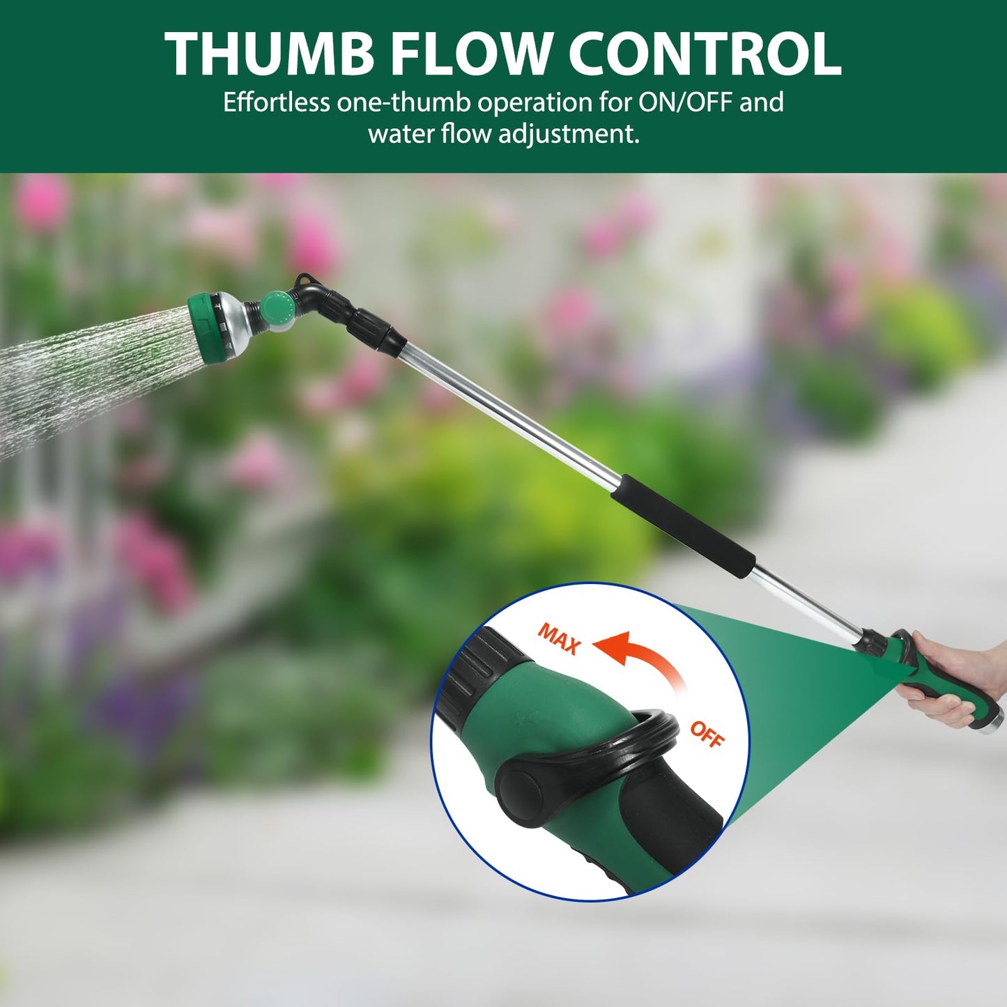 Seatern Telescoping Watering Wand for Garden Hose, 36”-54” Adjustable, 10 Spray Patterns, Heavy-Duty Hose Nozzle with Thumb Control & Pivoting Head, Ideal for Hanging Baskets and Shrubs, Green