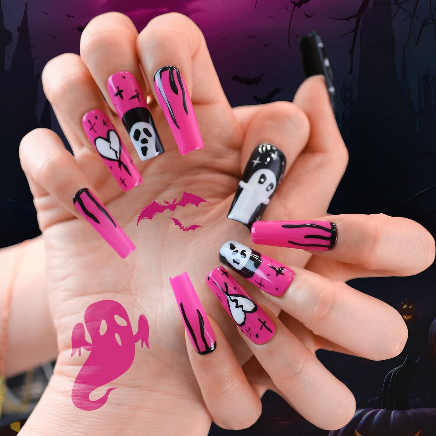 Yacey Halloween Handmade Press on Nails Long Coffin, Horror Ghost Design Reusable Soft Muti-Gel False Nails Press Ons, Thick Acrylic Fake Nails, 3D Artificial Glue on Nails for Women Girls (10 Pcs, L)