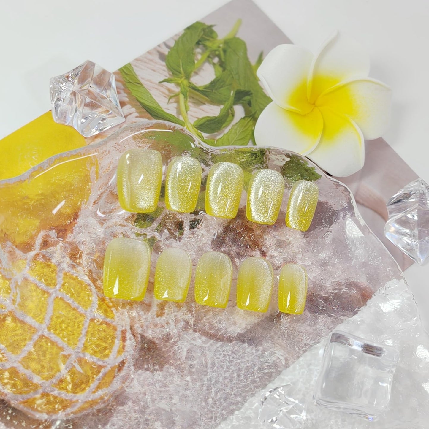 Short Square Press on Nails 3D Flower False Nails with Designs, Glitter Fake Nails Handmade Reusable Manicure Kit (Lemon#Large)