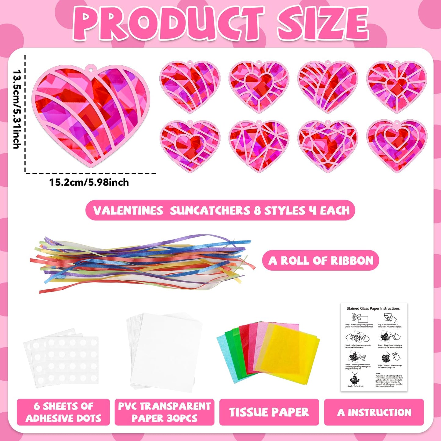 32 Sets Valentines Day Heart Suncatchers Craft Kit DIY Window Stained Glass Effect Valentines Heart Paper Crafts Home School Classroom Decoration Birthday Gift Creative Art Project & Activity Game