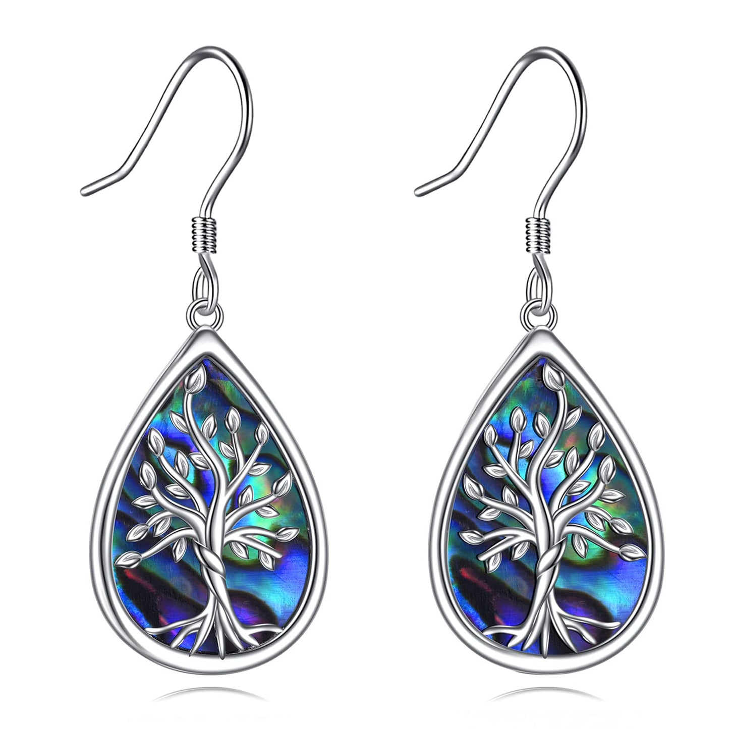 POPLYKE 925 Sterling Silver Tree of Life Earrings for Women Teardrop Abalone Earrings Dangle Tree of Life Jewelry