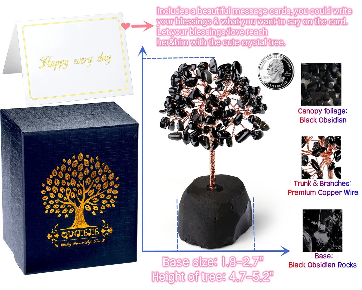 QINJIEJIE Black Obsidian Crystal Tree Healing Crystals Natural Stone Base Gemstone Tree Copper Wire Chakra Tree Life Tree Luck Tree Energy Desk Decor Spiritual Gift Meditation