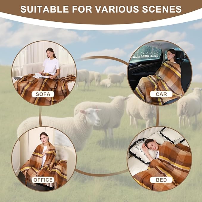 Throw Blanket Plaid with Carry Bag | Soft Wool Travel Blanket 55"x83" 2lbs | Camel Champagne Plaid Decorative Throw for Couch, Camping & Gift