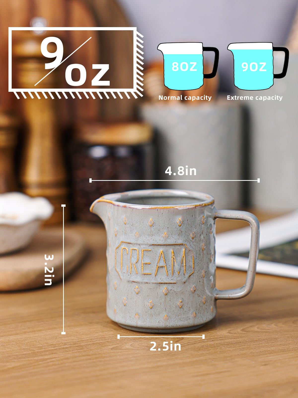 QUXIJA 9 OZ Creamer Pitcher, Ceramic Creamer with Handle, Small Milk Pitcher Cup for Coffee, Sauces, Salad, Microwave & Dishwasher Safe (Vintage Grey)