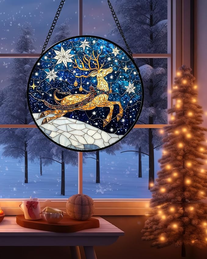 Stained Glass Window Hanging - Reindeer Blue Starry Sky Suncatcher for Doors Home Christmas Decoration Winter Sun Catcher Thanksgiving New Year Birthday Gifts for Women Men Mom Nana 9.8 in