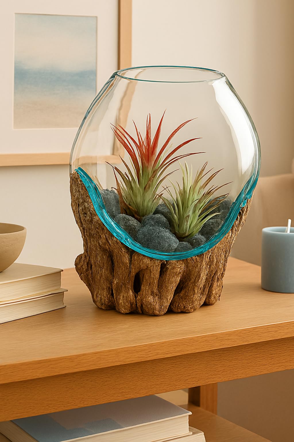 OMA Molten Glass on Driftwood – Hand-Blown Melted Glass Vase, Terrarium, or Planter for Coastal & Boho Home Décor (6"–7" High)