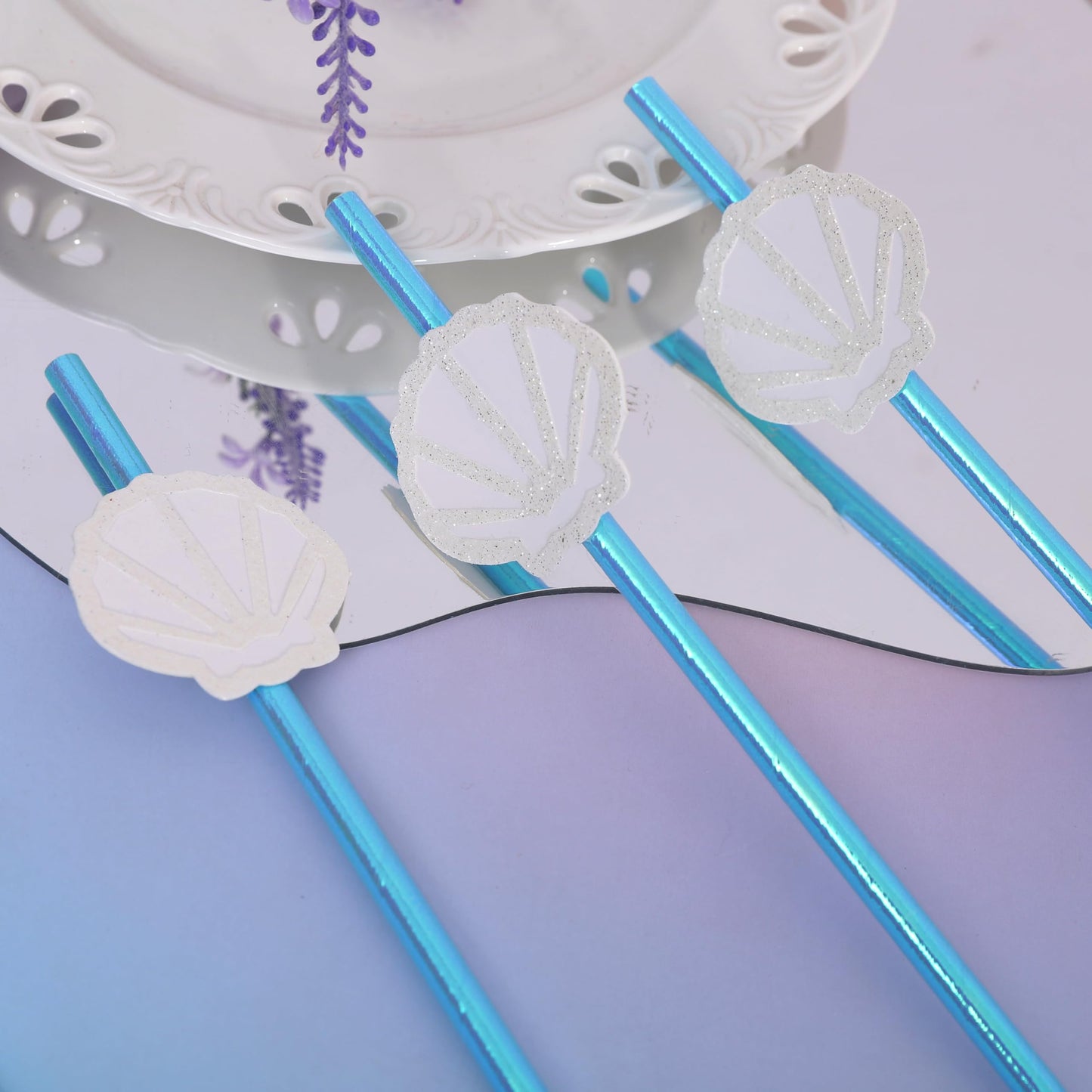 12Pcs White Shell Blue Straws - Ocean Birthday Wedding Decorations,Shell Disposable Drinking Paper Straws,Last Toast on the Coast Party Decorations,Seashells Bachelorette Party Centerpieces