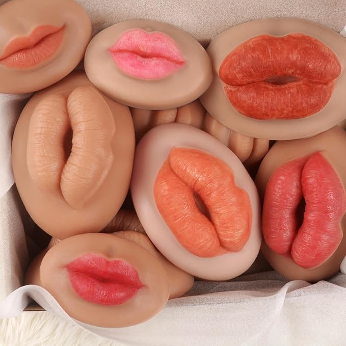 3D Silicone Fake Lips Large with Lipstick for Makeup Tattoo Practice Realistic Artificial Lip Mannequin for Beginners Artists (Sausage Shaped Lip,Tan)