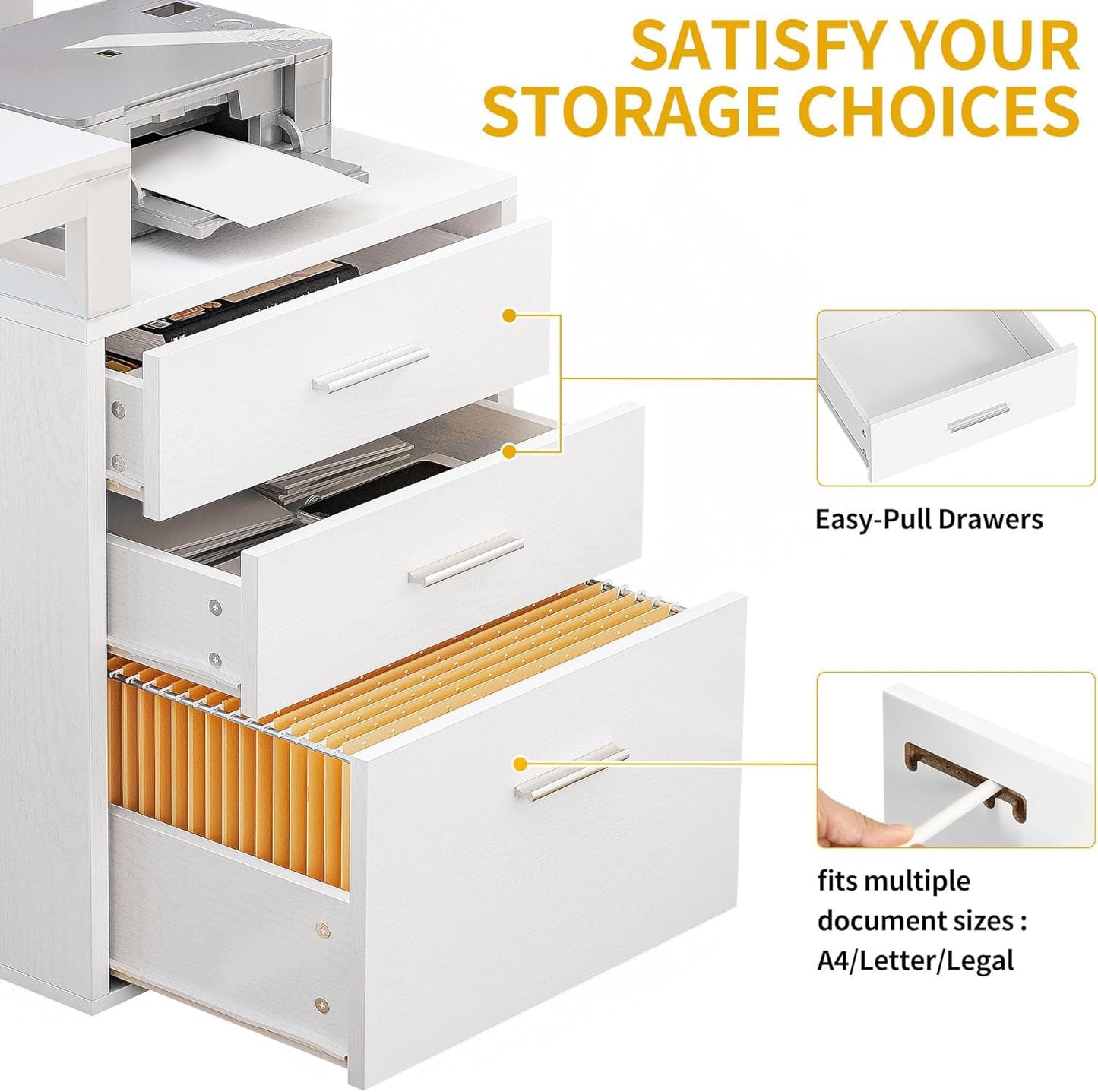 DWVO L Shaped Desk with Drawers, 65" Computer Desk with Power Outlets & LED Lights, Corner Home Office Desk with Storage Shelves & Printer Stand, White