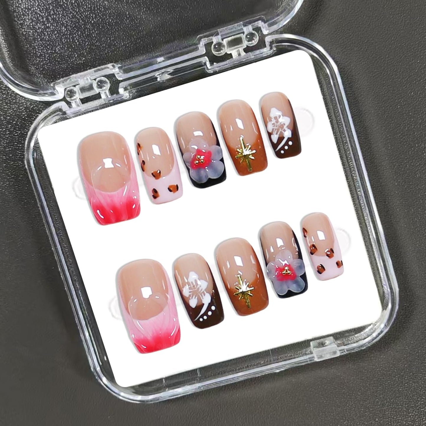 10 Pcs Press on Nails Handmade Square Fake Nails with 3D Flower Designs Gradient French Tip False Nail Luxury Glossy Short Acrylic Nails Press ons Reusable Stick on Nail for Women (S)