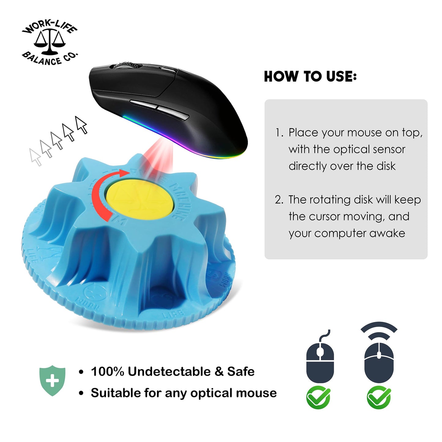 Work-Life Balance Compact Mechanical Mouse Jiggler - Undetectable Device to Keep Mouse Moving and Computer Awake, Cordless Wireless Mover for Remote Work Essentials & WFH, Automatic Wiggler - Freedom