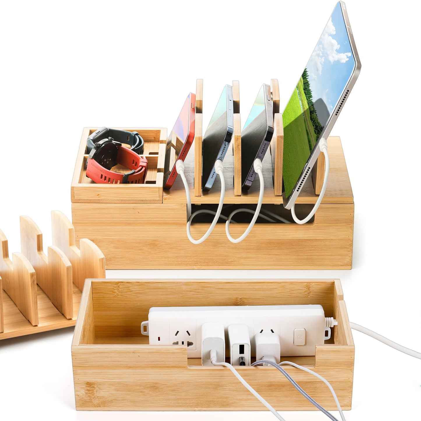 Fasmov Bamboo Charging Station, Charging Stand for Multiple Devices, Electronic Device Desktop Dock Stations Organizer, Cell Phone Docking Stations for Multi Laptop, Tablets, IPads, Watch, Earbuds