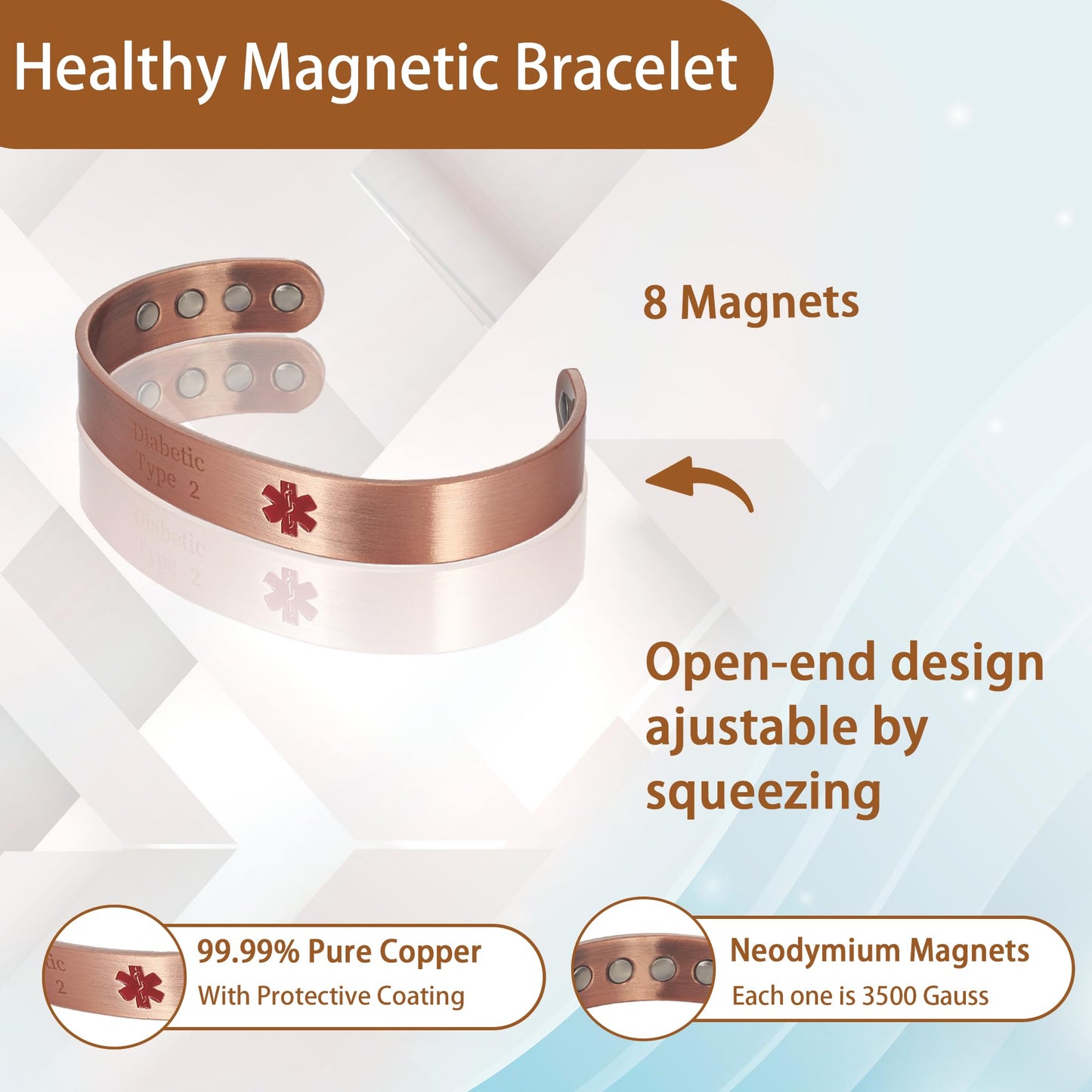 EnerCoppeX Copper Magnetic Bracelet for Women - Detox Jewelry with 3500 Gauss Magnet, Adjustable Cuff Bangle (Type-U)