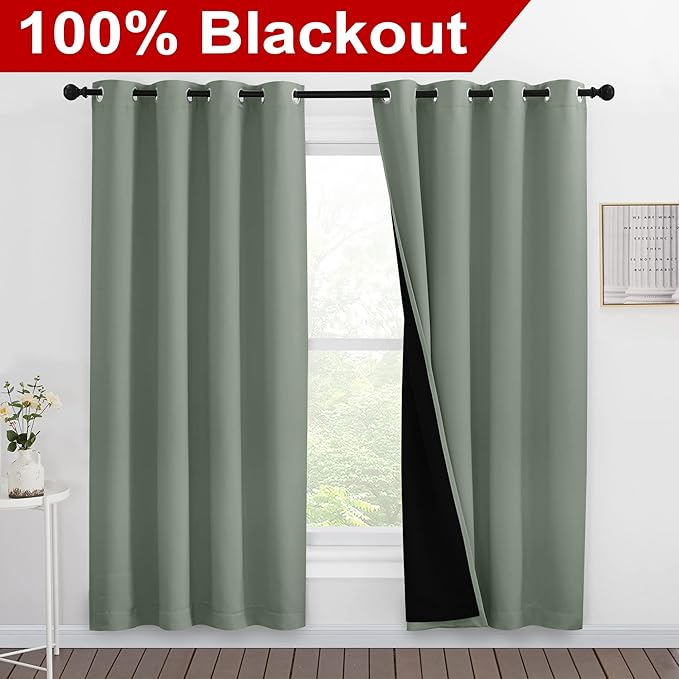 NICETOWN 100% Blackout Window Curtain Panels, Full Light Blocking Drapes with Black Liner for Nursery, 78-inch Drop Thermal Insulated Draperies (Greyish Green, 2 Pieces, 55-inch Wide Per Panel)