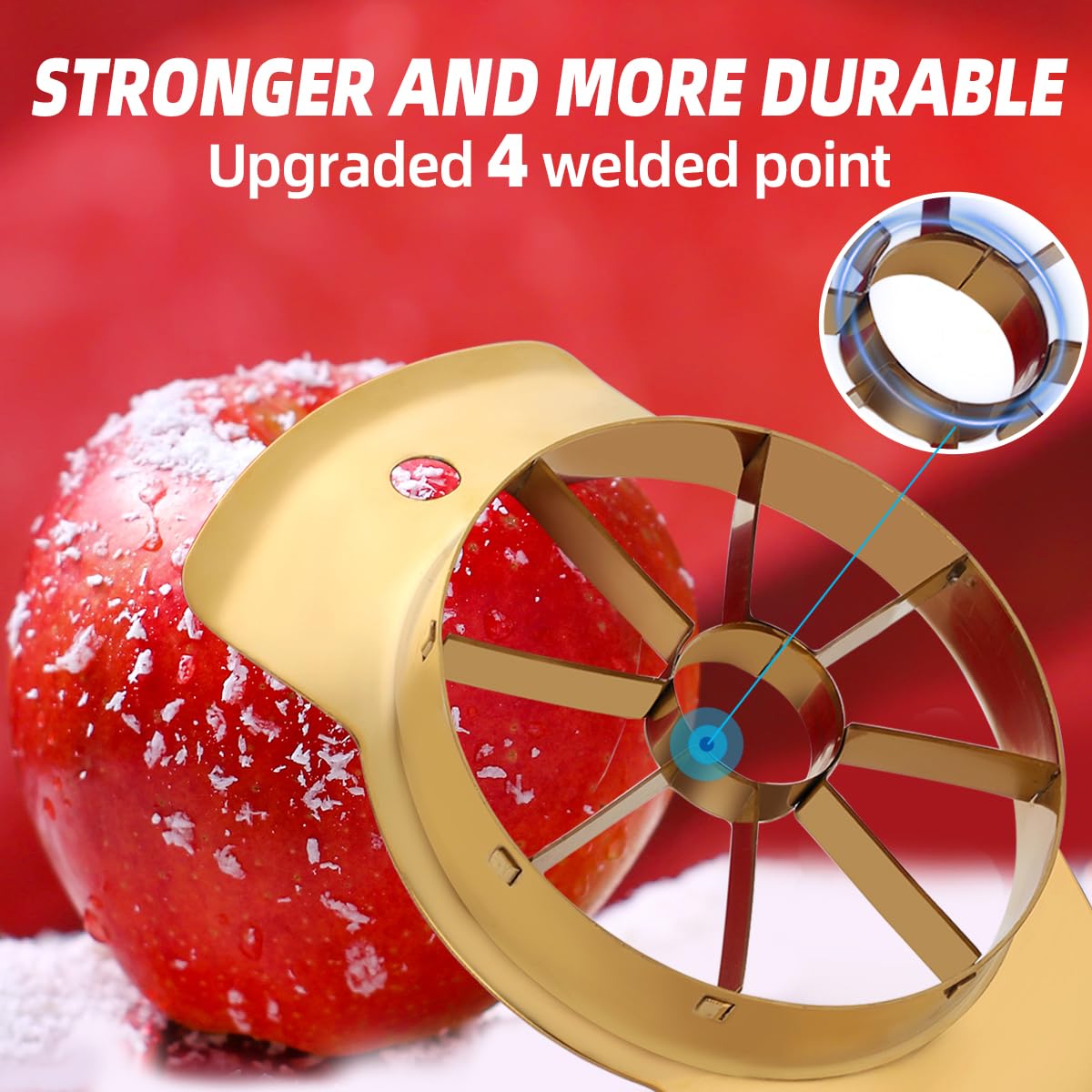 Fruit Slicer, QRU 304 Stainless Steel Fruit Cutter 8 Slices, Corer for Fruits & Vegetables, Ergonomic Handle Easy Grip Pears Divider, Sturdy and Sharp, Dishwasher Safe (Gold)