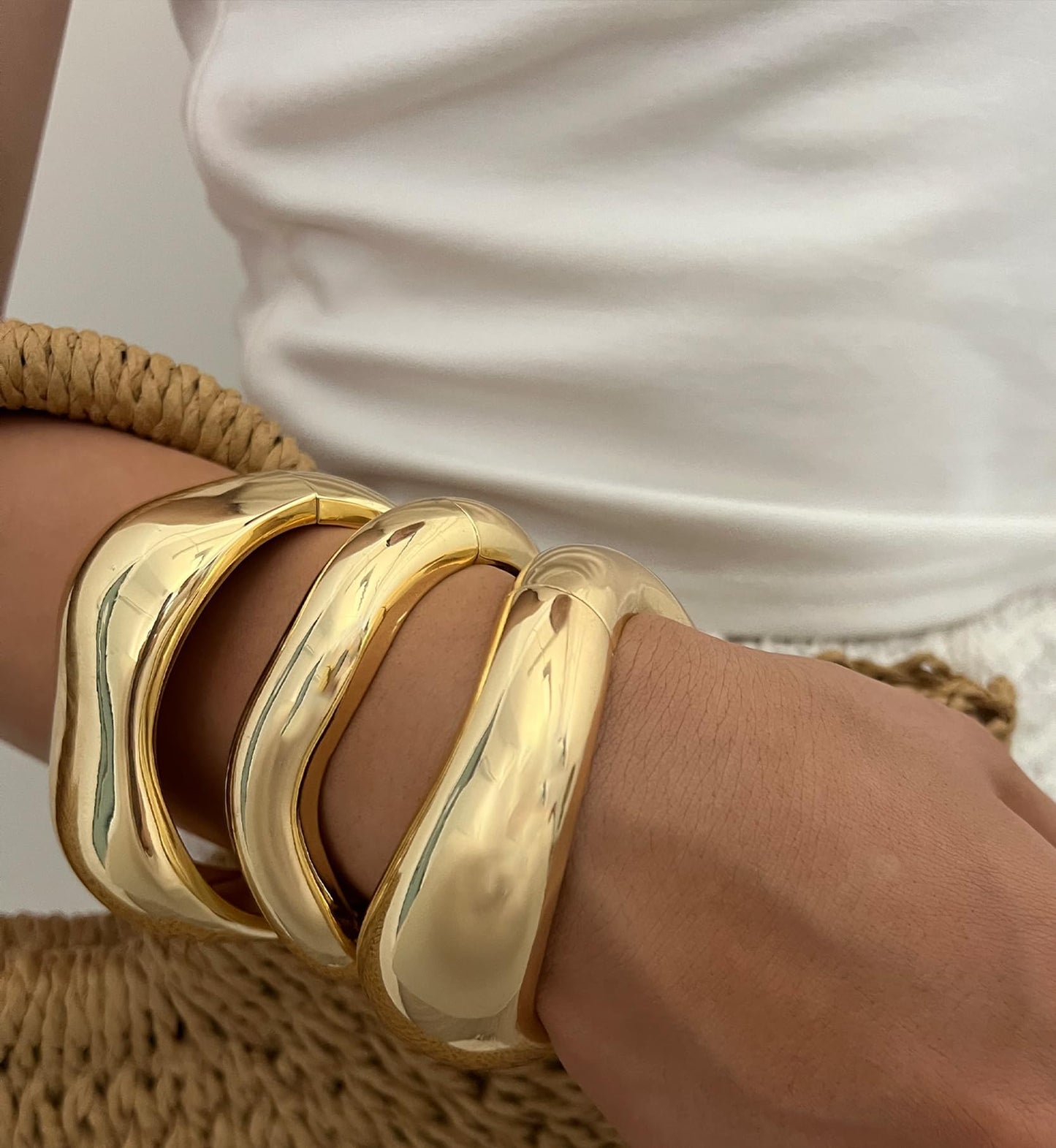 Chunky Gold Bangle Bracelets for Women, 14k Gold Plated Dainty Cuff Stackable Bangles Set, Trendy Bracelet Stack Fashion Jewelry Gifts